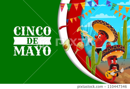 Cinco de Mayo mexican holiday paper cut banner. Cartoon mariachi musician peppers characters playing guitar and trumpet. Chili vector personages, sombrero and maracas with 3d papercut borders Cinco de Mayo mexican holiday paper cut banner. Cartoon mariachi musician peppers characters playing guitar and trumpet. Chili vector personages, sombrero and maracas with 3d papercut borders 110447346