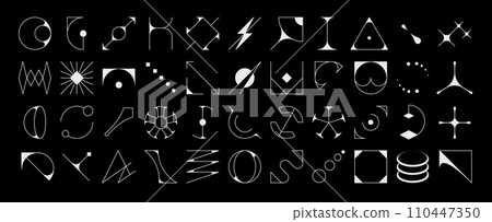 Futuristic brutalism shapes and elements, abstract geometric figures, vector icons. Brutalism geometry and simple primitive figures or minimal line symbols of abstract star, sun or triangle shapes 110447350