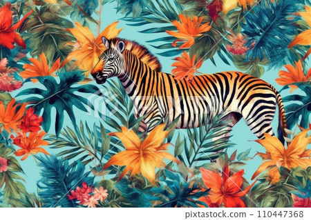 AI-generated content. Tropical exotic pattern with animal and flowers in bright colors and lush vegetation. Ai Generative. 110447368