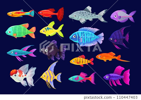 Cartoon aquarium fishes. Vector goldfish, swordtail fish, flower horn fish. Telescope, catfish with scalar, angel fish and guppy with green tiger barb, tropical colorful underwater exotic animals set 110447403
