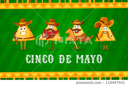 Mexican cinco de mayo banner with nachos chip cowboy characters. Vector festive background with funny traditional snack of Mexico wear wild west western cowpuncher hat and boots, armed with guns 110447441