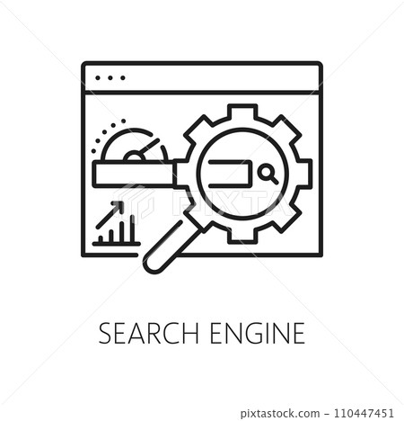 Search engine, SEM or search engine marketing icon for content management, outline vector pictogram. Website search icon of magnifier on webpage for SEM or SEO internet media and content optimization 110447451