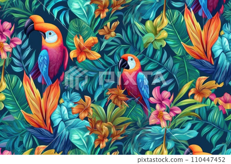 AI-generated content. Tropical exotic pattern with animal and flowers in bright colors and lush vegetation. Ai Generative. AI-generated content. Tropical exotic pattern with animal and flowers in bright colors and lush vegetation. Ai Generative. 110447452