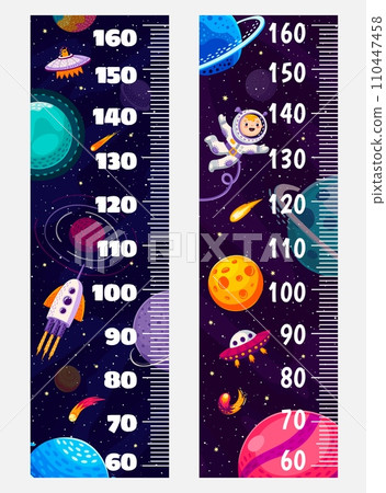 Kids height chart ruler with space galaxy, astronaut, rocket, stars and planets. Vector growth meter, wall sticker with cute cosmonaut, ufo and spaceship. Children height measurement scale with rocket Kids height chart ruler with space galaxy, astronaut, rocket, stars and planets. Vector growth meter, wall sticker with cute cosmonaut, ufo and spaceship. Children height measurement scale with rocket 110447458