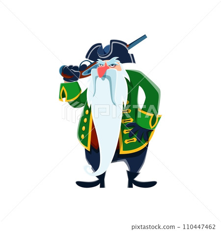 Cartoon pirate, captain and sailor character with a rugged beard and tricorn, brandishing a menacing gun, ready for high-sea adventures and treasures. Isolated vector old funny filibuster personage 110447462