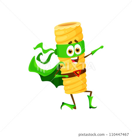 Cartoon tortiglioni italian pasta superhero character. Isolated vector fun and quirky super hero macaroni personage, complete with cape, mask and muscles ready to fight crime in fantasy noodly world 110447467