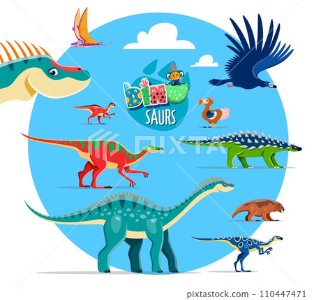 Cartoon dinosaurs funny characters sticker. Prehistoric lizard, Jurassic era vector reptile. Pelecanimimus, Dryosaurus, Scutellosaurus and Edaphosaurus, Maiasaura, Paralititan dinosaur personages Cartoon dinosaurs funny characters sticker. Prehistoric lizard, Jurassic era vector reptile. Pelecanimimus, Dryosaurus, Scutellosaurus and Edaphosaurus, Maiasaura, Paralititan dinosaur personages 110447471