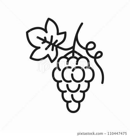 Grape berries isolated bunch with leaves outline icon. Vector vegetarian food dessert, isabella grape, sweet muscat cluster. Organic ripe grape berries 110447475