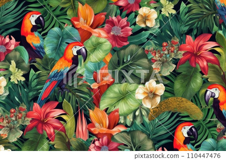 AI-generated content. Tropical exotic pattern with animal and flowers in bright colors and lush vegetation. Ai Generative. 110447476