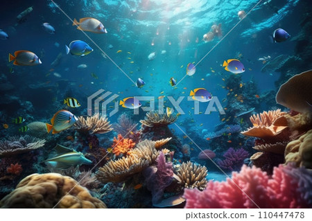 AI-generated content. Tropical sea underwater fishes on coral reef. Aquarium oceanarium wildlife colorful marine panorama landscape nature snorkel diving. AI Generative. 110447478