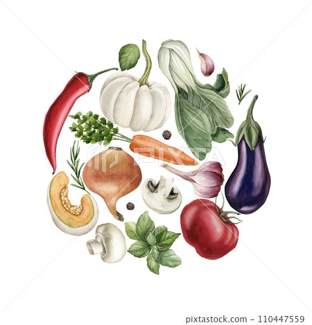 Fresh colorful delicious vegetables arranged in a circle. Hand painted watercolor illustration isolated on white background for design, poster, card, packaging, fabric, textile Fresh colorful delicious vegetables arranged in a circle. Hand painted watercolor illustration isolated on white background for design, poster, card, packaging, fabric, textile 110447559