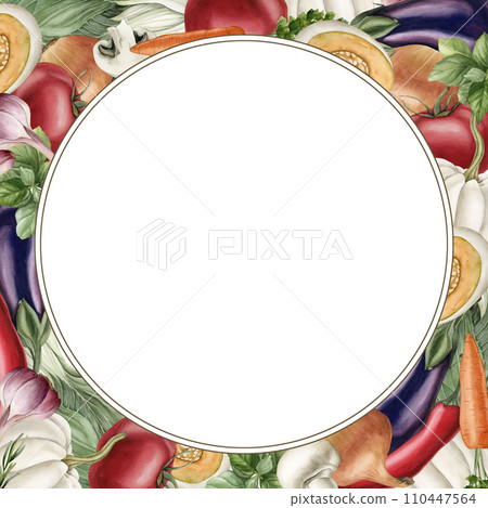 Round frame with fresh vegetables. Watercolor illustration hand painted isolated on white background for design, poster, card, packaging, fabric, textile Round frame with fresh vegetables. Watercolor illustration hand painted isolated on white background for design, poster, card, packaging, fabric, textile 110447564