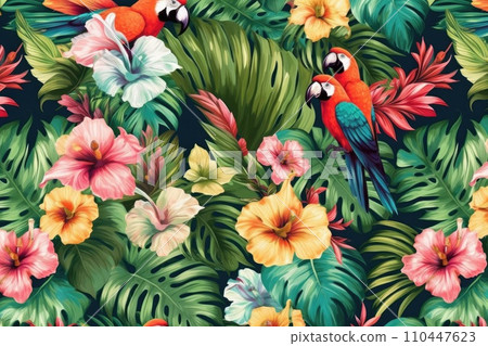 AI-generated content. Tropical exotic pattern with animal and flowers in bright colors and lush vegetation. Ai Generative. 110447623