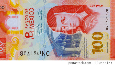 New Mexican money bills currency Mexico 100 pesos banknote close up 110448163