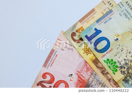 Several different denominations Georgian banknotes lari national money Several different denominations Georgian banknotes lari national money 110448222