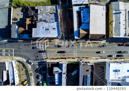 View from an aerial perspective of small American town with cars 110448293