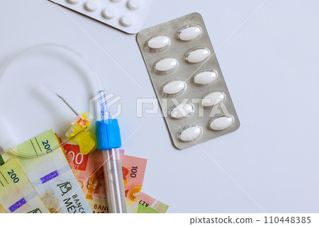 Medications are expensive medicine drugs pills in Mexico because Mexican cash pesos banknotes is used to pay for treatment 110448385