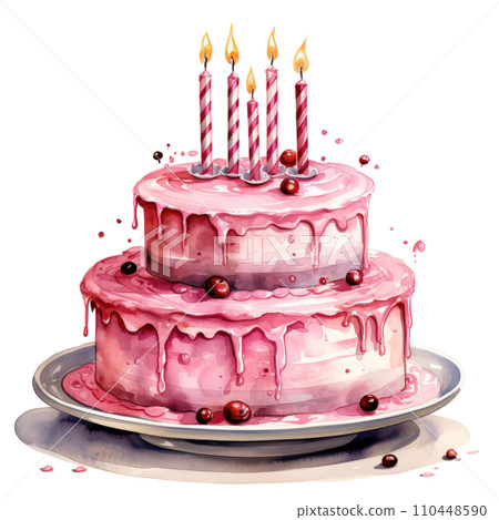 watercolor pink birthday cake with candles isolated 110448590