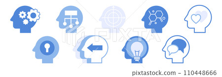 Blue Head with Brain as Icon of Imagination and Mind Power Vector Set 110448666