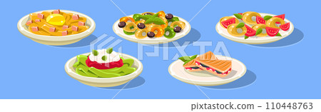 Pasta, Sandwich and Salad on Plate on Blue Background as Served Food Vector Set Pasta, Sandwich and Salad on Plate on Blue Background as Served Food Vector Set 110448763