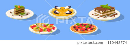 Cake, Pizza, Pasta and Dessert on Blue Background as Served Food Vector Set 110448774