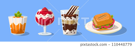 Pudding in Glass and Sandwich on Plate on Blue Background as Served Food Vector Set 110448779