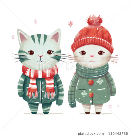 Two illustrated cats dressed in winter clothing in a soft, Two illustrated cats dressed in winter clothing in a soft, 110448786