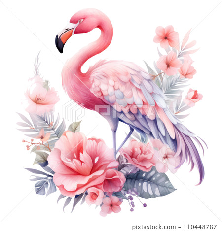 cute pink flamingo with flowers. cute floral flamingo clipart, cute pink flamingo with flowers. cute floral flamingo clipart, 110448787