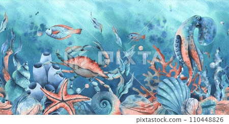 Underwater world clipart with sea animals whale, turtle, octopus, seahorse, starfish, shells, coral and algae. Hand drawn watercolor illustration. Seamless border on a marine background. Underwater world clipart with sea animals whale, turtle, octopus, seahorse, starfish, shells, coral and algae. Hand drawn watercolor illustration. Seamless border on a marine background. 110448826