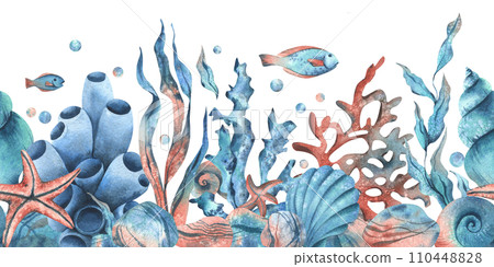 Underwater world clipart with sea animals whale, turtle, octopus, seahorse, starfish, shells, coral and algae. Hand drawn watercolor illustration. Seamless border isolated from the background. Underwater world clipart with sea animals whale, turtle, octopus, seahorse, starfish, shells, coral and algae. Hand drawn watercolor illustration. Seamless border isolated from the background. 110448828