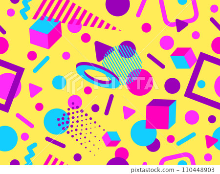Memphis seamless pattern with 3d geometric shapes in 80s style. Colorful geometric pattern. Design of promotional products, wrapping paper and printing. Vector illustration 110448903