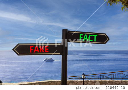 Fact or fake symbol. Concept word Fake and Fact on beautiful signpost with two arrows. Beautiful blue sea sky with clouds background. Business and fact or fake concept. Copy space. Fact or fake symbol. Concept word Fake and Fact on beautiful signpost with two arrows. Beautiful blue sea sky with clouds background. Business and fact or fake concept. Copy space. 110449410
