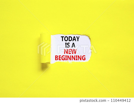 Today is a new beginning symbol. Concept words Today is a new beginning on beautiful white paper. Beautiful yellow paper background. Business today is new beginning concept. Copy space. Today is a new beginning symbol. Concept words Today is a new beginning on beautiful white paper. Beautiful yellow paper background. Business today is new beginning concept. Copy space. 110449412