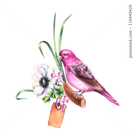 Watercolor Valentines day bouquet with bouquets of flowers, birds and flowers isolated on white 110449420