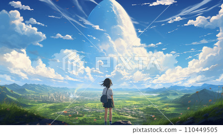 A girl standing on a hill in a fantasy world (AI) 110449505