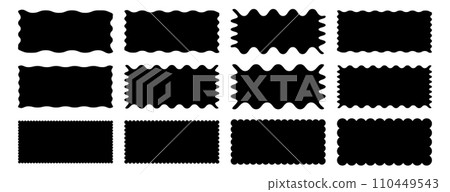 Rectangle shape frame with zigzag edge. Rectangular jagged curved box element. Geometric zig zag wavy stickers. Wiggly undalute square badge, vector illustration for poster, banner, social media 110449543