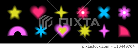 Y2k gradient trendy shapes. Blurred colored geometric cute form with aura. Pack of vector elements with color gradation. 110449704