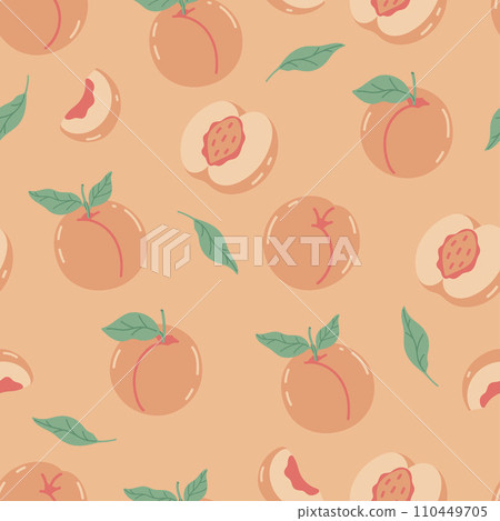 Seamless pattern with peaches and leaves. Peach Fuzz the trendy color of the 2024. Seamless pattern with peaches and leaves. Peach Fuzz the trendy color of the 2024. 110449705