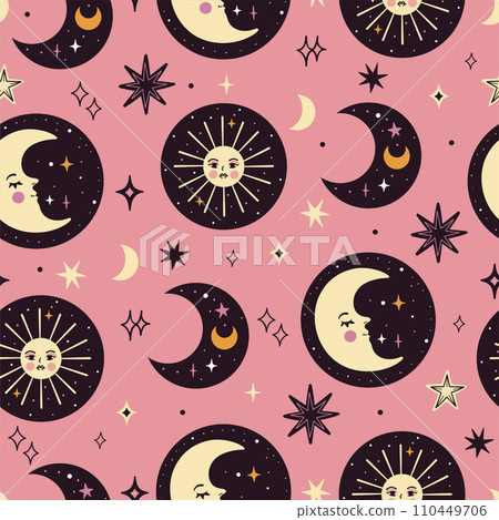 Seamless magical pattern with celestial bodies. Vector graphics. 110449706