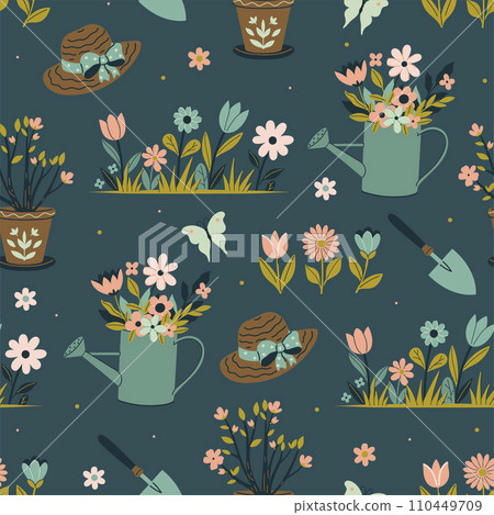 Seamless garden spring pattern with watering cans, flowers, shovels, hats. Vector graphics. 110449709