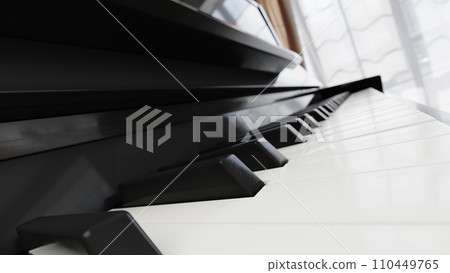 Piano keyboard wide angle view. Background image for music events Piano keyboard wide angle view. Background image for music events 110449765