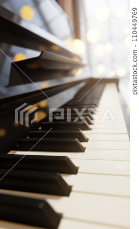 Piano keyboard wide angle view. Background image for music events Piano keyboard wide angle view. Background image for music events 110449769