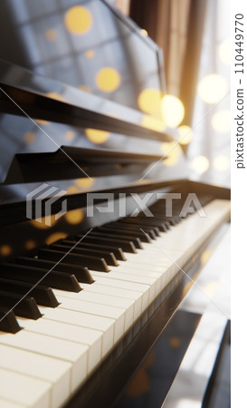 Piano keyboard close up view with selective focus. Warm color toned Piano keyboard close up view with selective focus. Warm color toned 110449770