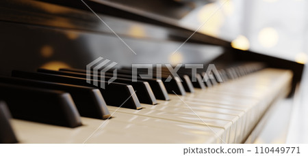 Piano keyboard close up view with selective focus. Warm color toned 110449771