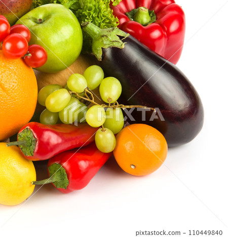 Set of vegetables and fruits isolated on a white . Free space for text. 110449840