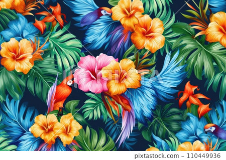 AI-generated content. Tropical exotic pattern with animal and flowers in bright colors and lush vegetation. Ai Generative. AI-generated content. Tropical exotic pattern with animal and flowers in bright colors and lush vegetation. Ai Generative. 110449936