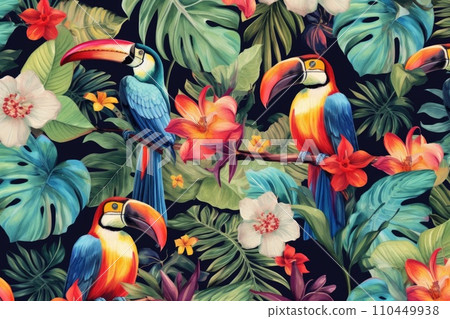 AI-generated content. Tropical exotic pattern with animal and flowers in bright colors and lush vegetation. Ai Generative. AI-generated content. Tropical exotic pattern with animal and flowers in bright colors and lush vegetation. Ai Generative. 110449938