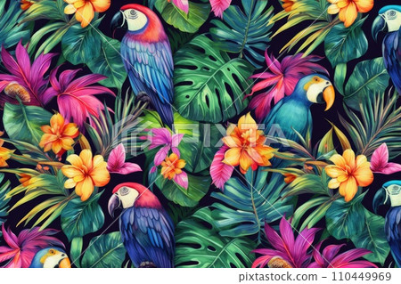 AI-generated content. Tropical exotic pattern with animal and flowers in bright colors and lush vegetation. Ai Generative. AI-generated content. Tropical exotic pattern with animal and flowers in bright colors and lush vegetation. Ai Generative. 110449969