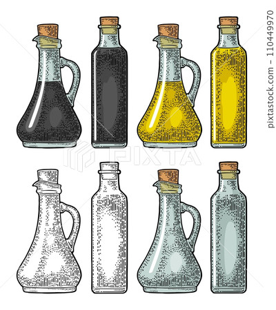 Glass bottle for oil with cork stopper. Vector engraving 110449970