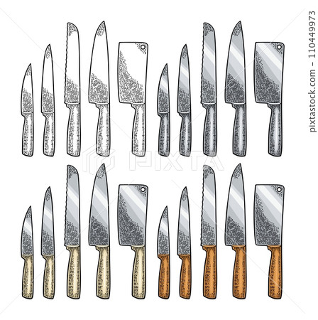 Set professional kitchen knifes. Vector color vintage engraving illustration f 110449973